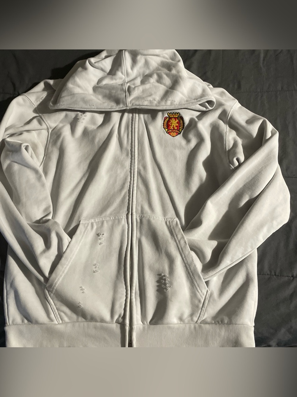 Balenciaga White Zip-Up Hooded Bomber with Embroidered Crest